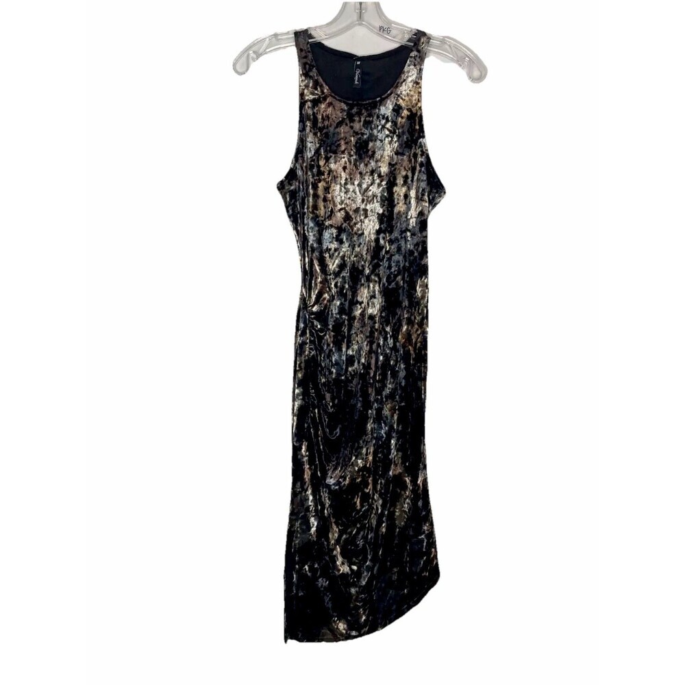 Viereck Dress Women Medium Crushed Velvet Sleeveless‎ Ruched Side Marble Brown